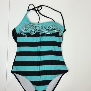 Stylish Striped Black and Teal One Shoulder Sleeveless One Piece Swimsuit